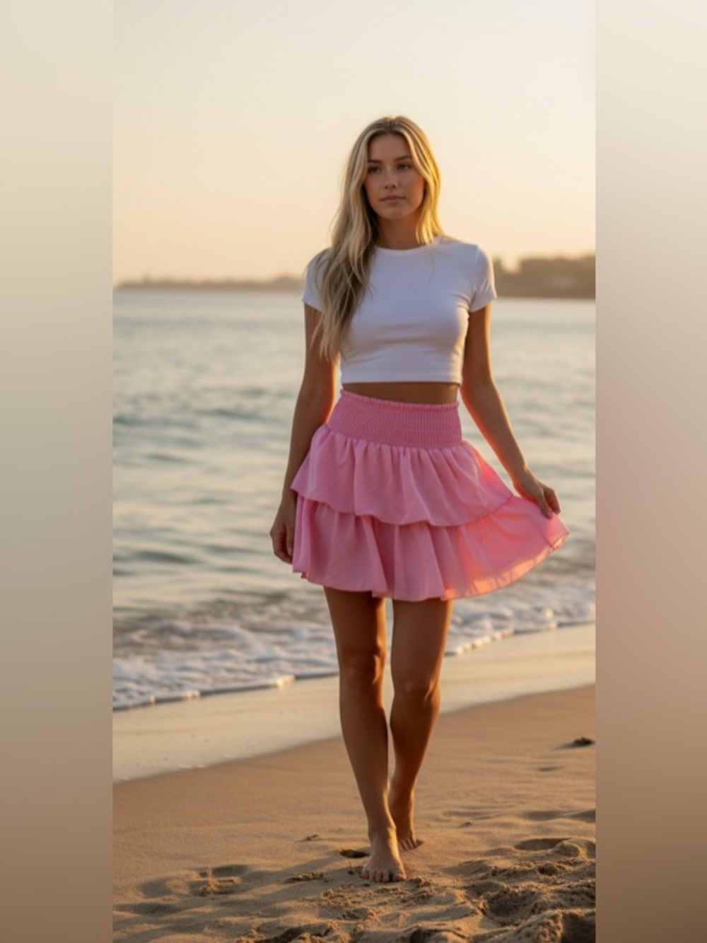 NWOT- 28-34 Waist 
Pink Tiered Mini Skirt with Smocked Waist
Built In shorts-
